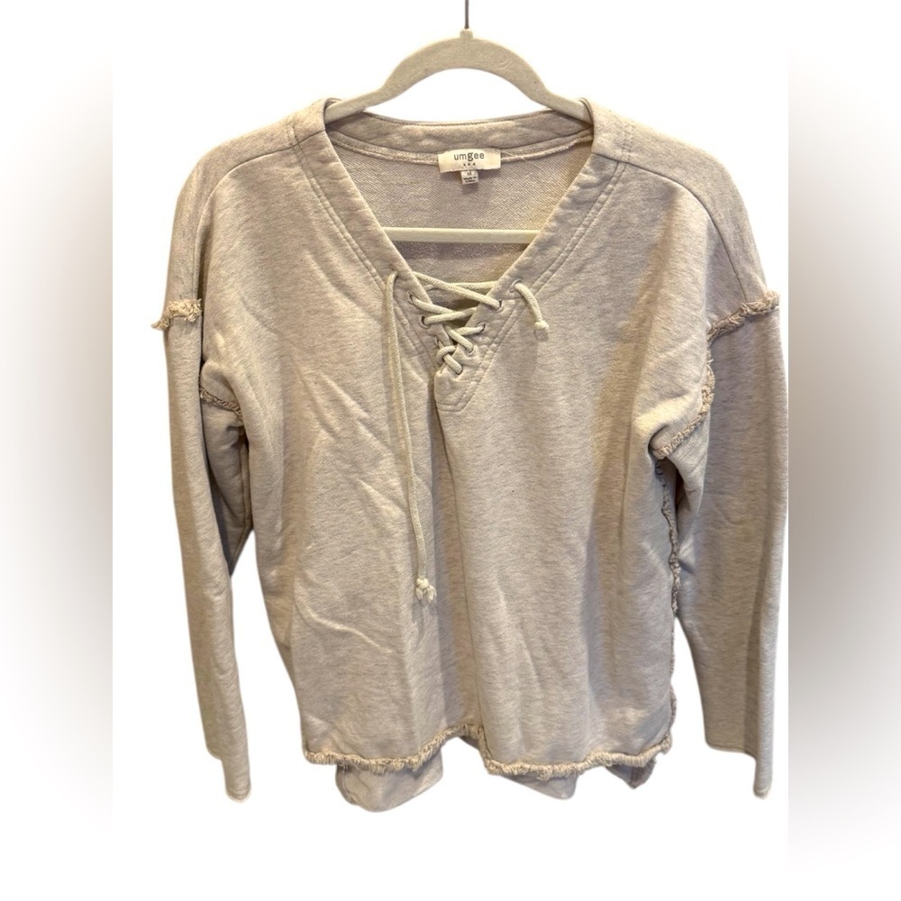 Umgee Lace-up Chest Beige Sweatshirt Raw Seam Details Size Medium